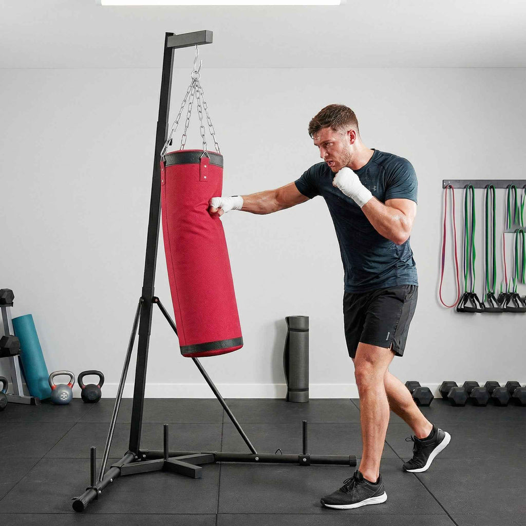 SPORTNOW Adjustable Punching Bag Stand with Triangular Base and Punching Bag, Made of Steel and Canvas, 175x91x185-231 cm, Red