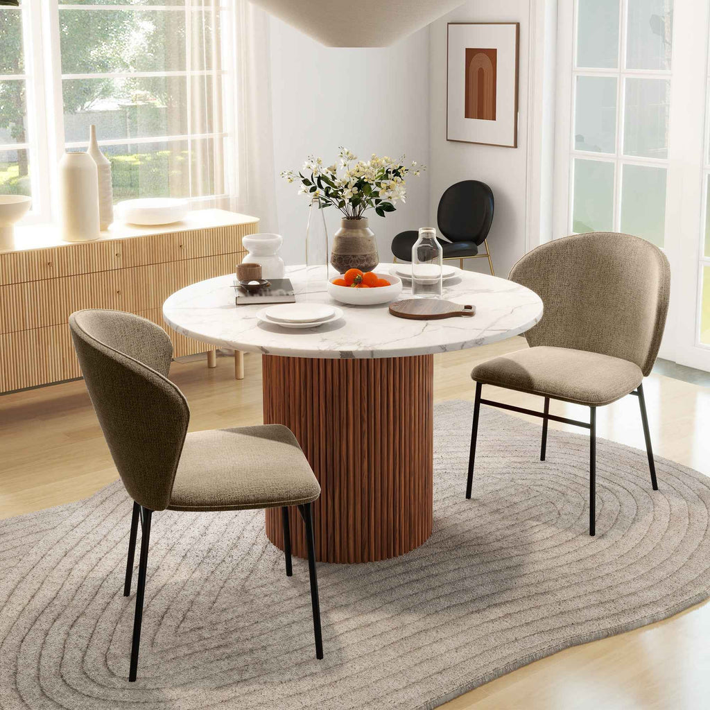 Set of 2 Dining Chairs in Steel and Linen-Effect Fabric, Padded Seat, Curved Backrest, Light Brown