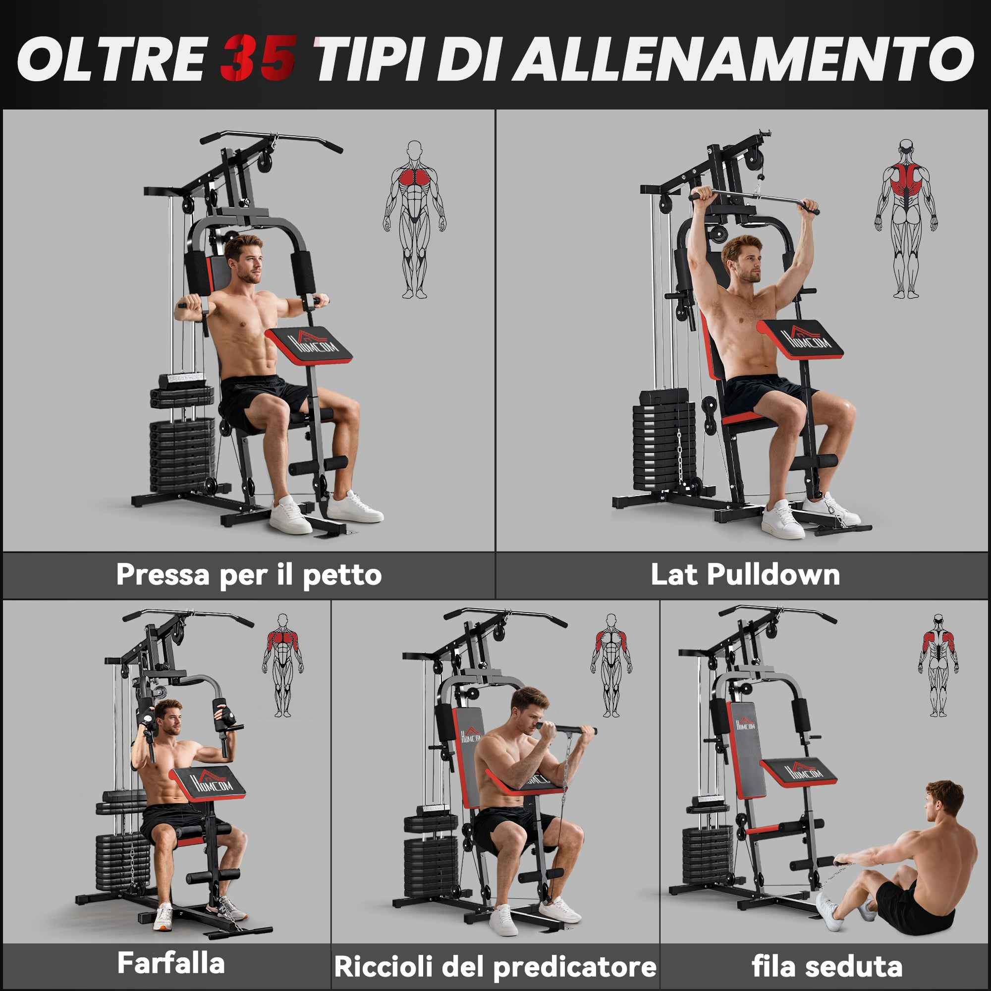HOMCOM Power Tower Fitness Station Weights 65kg, 135x103x210cm, Black Red