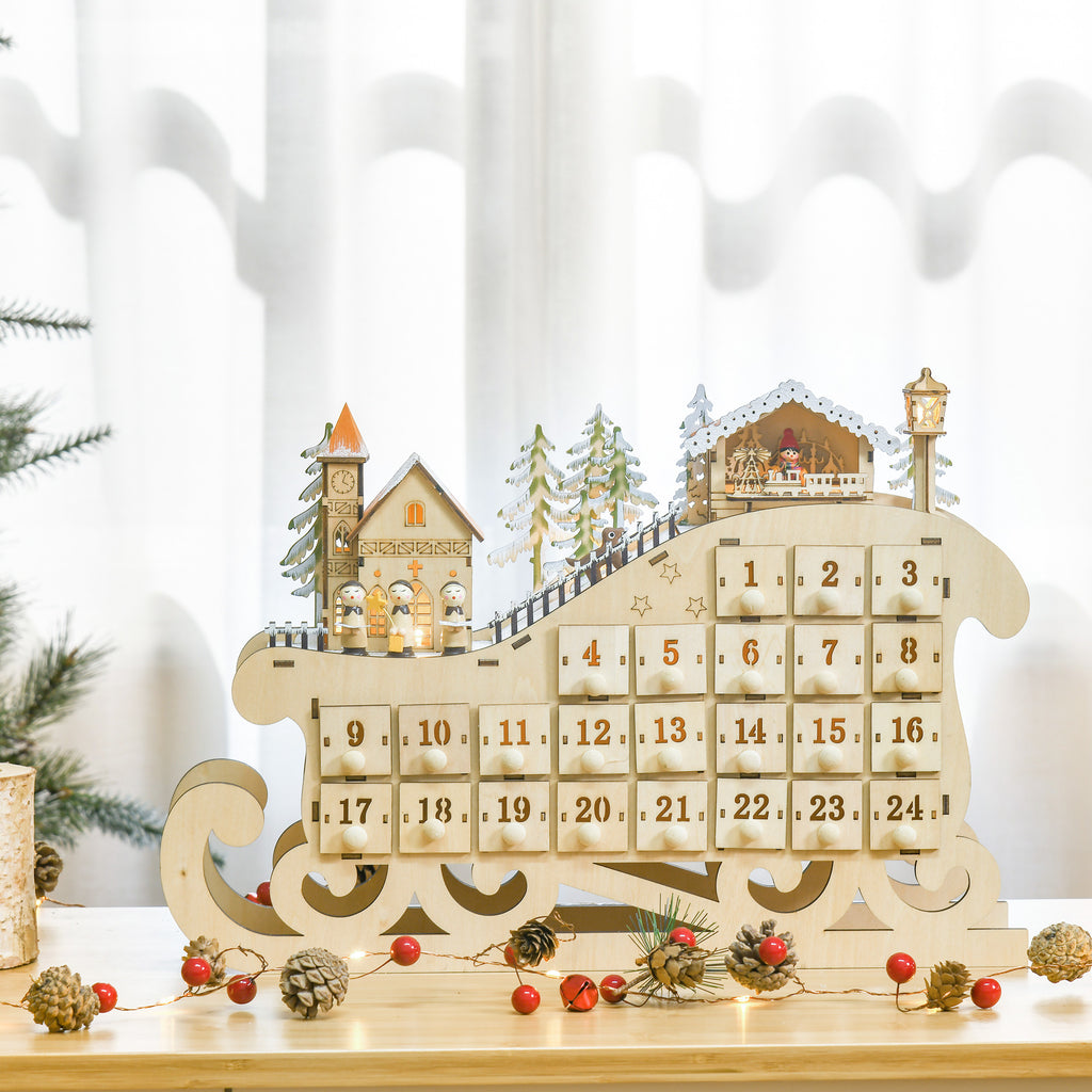 Wooden Sleigh Advent Calendar with 24 Fillable Drawers, Decorations and LED Lights, 45x10x31cm