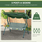 3-Seater Swing with Adjustable Canopy and Cushions, in Steel and Polyester, 170x110x153 cm, Green and White
