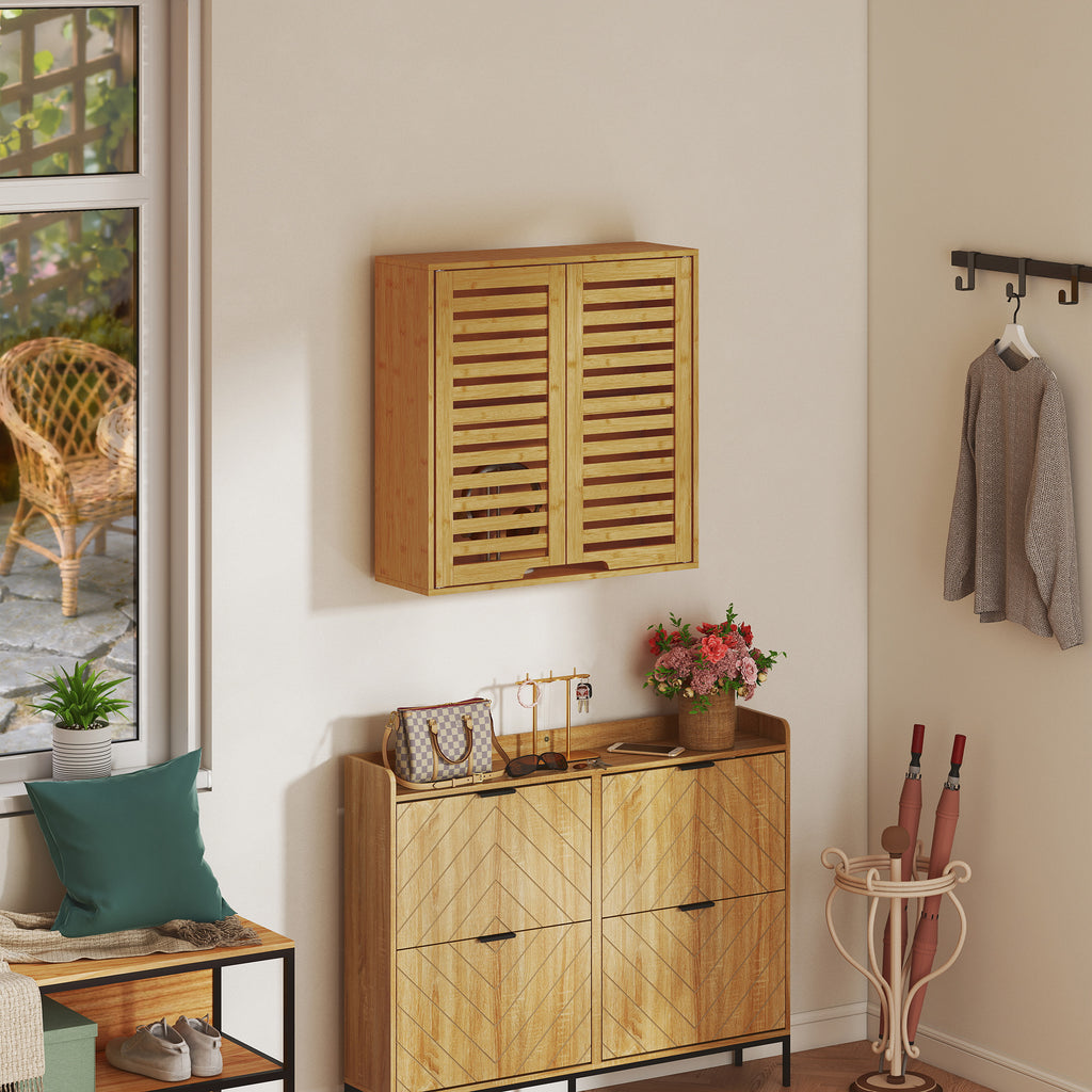 Bathroom Cabinet with Adjustable Internal Shelf and Shutter Doors, Bamboo, 60x20x60 cm, Wood Color