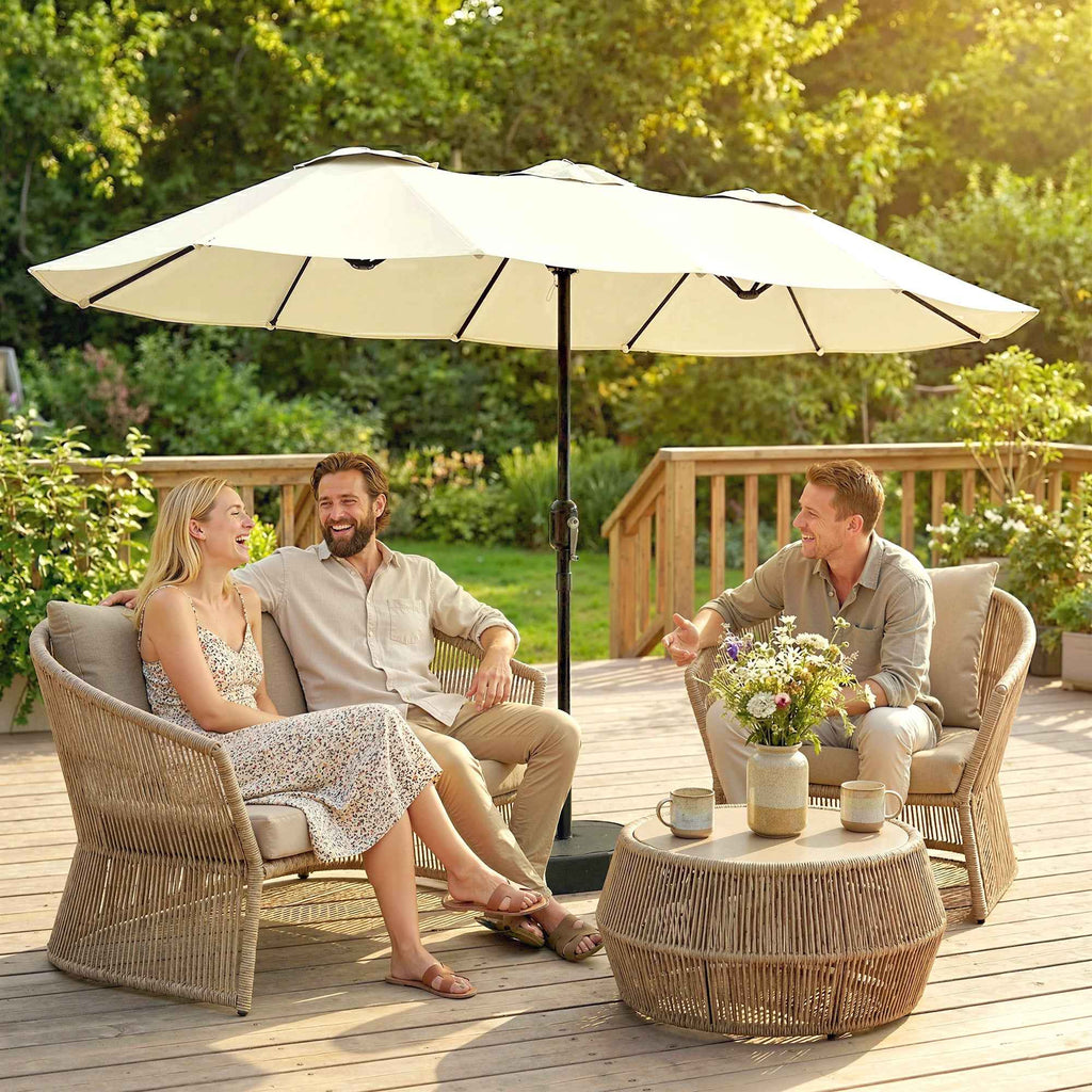 Outsunny 12-Ribbed Double Umbrella with Crank Handle, Cross Base and Bags, Metal and Polyester, 3x1.5 m, Beige