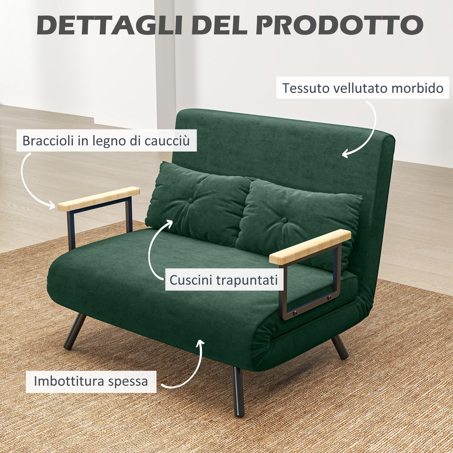 3-in-1 Velvet Effect Fabric Sofa Bed with Adjustable Backrest and 2 Cushions, 102x73x81 cm, Green