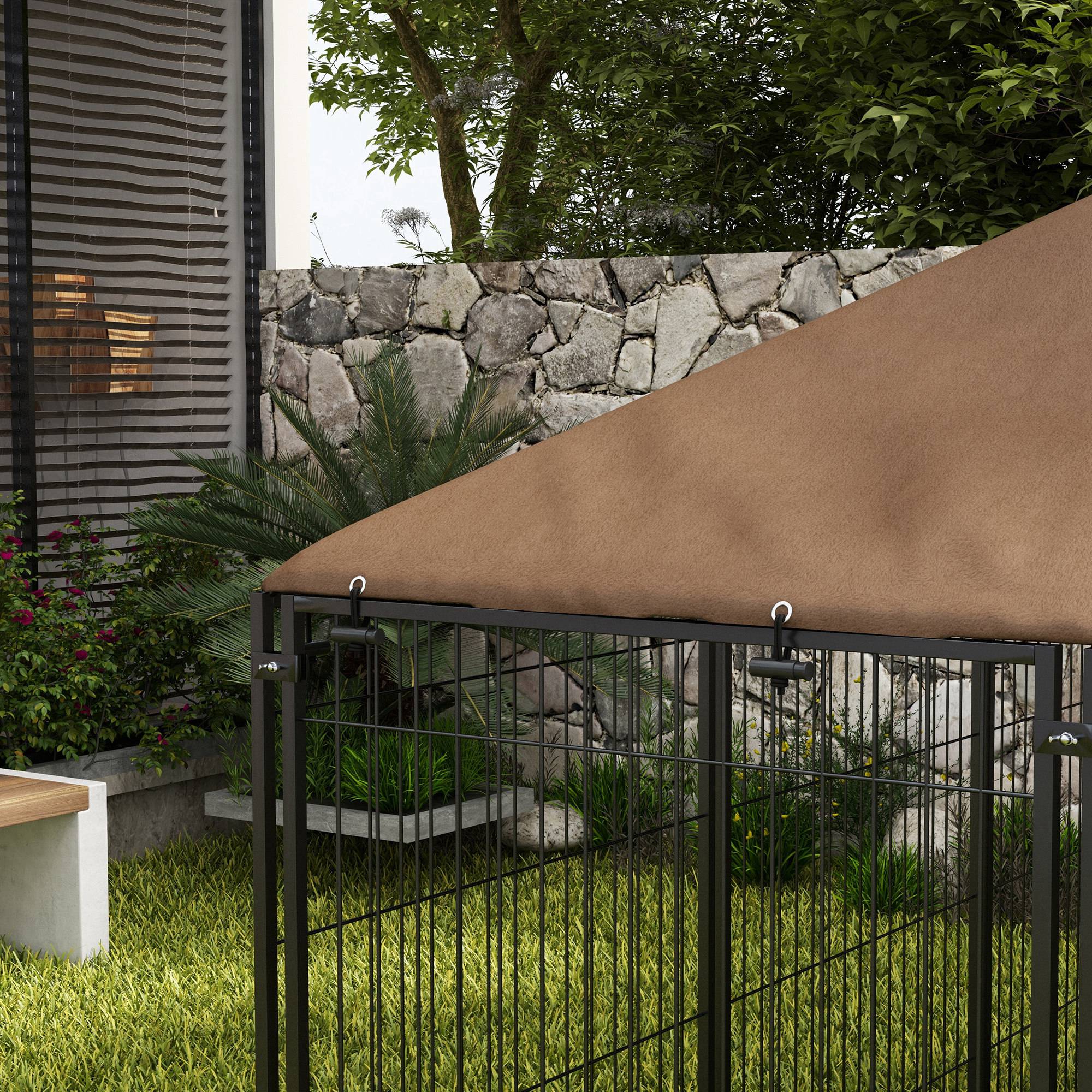 PawHut Metal and Oxford Fabric Dog Playpen with Bowl Door, 211x141x151 cm, Black and Brown