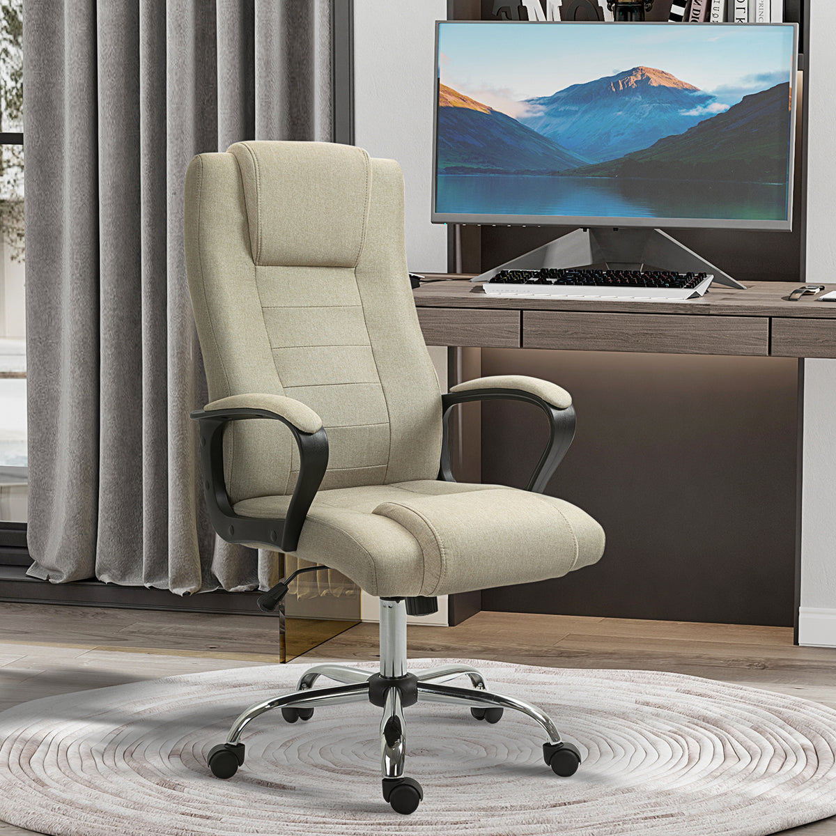 Vinsetto Ergonomic Tilting Swivel Office Chair in Linen Effect Fabric with Headrest, Beige