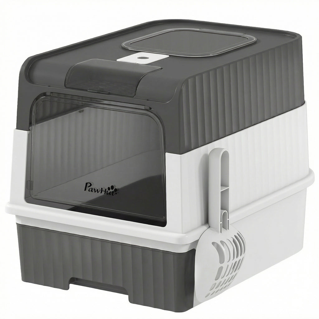 PawHut Cat Litter Box M with Lid, Removable Tray, Scoop, 4 Deodorant Packets, Grey