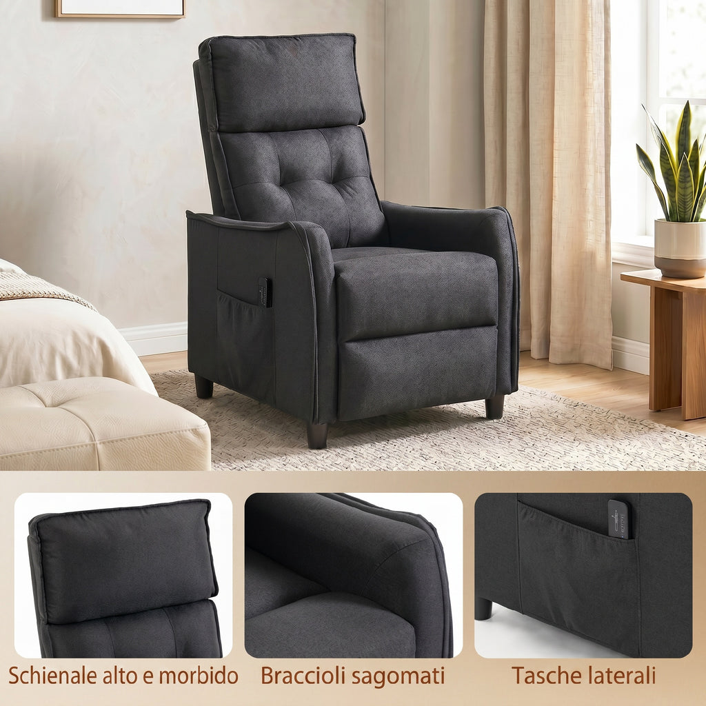 HOMCOM 160° Reclining Massage Chair with Footrest and Remote Control, 69x93x104 cm, Dark Grey Linen Effect