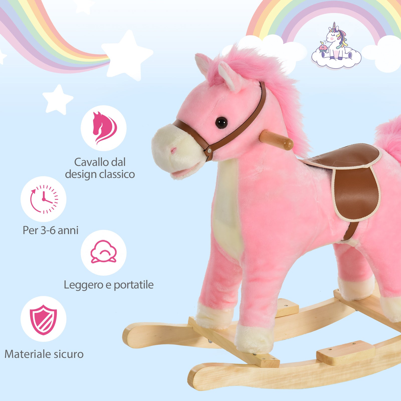 Wooden Rocking Horse Toy with Realistic Sounds for Babies 36-72 Months, Includes 2 AA Batteries, Pink