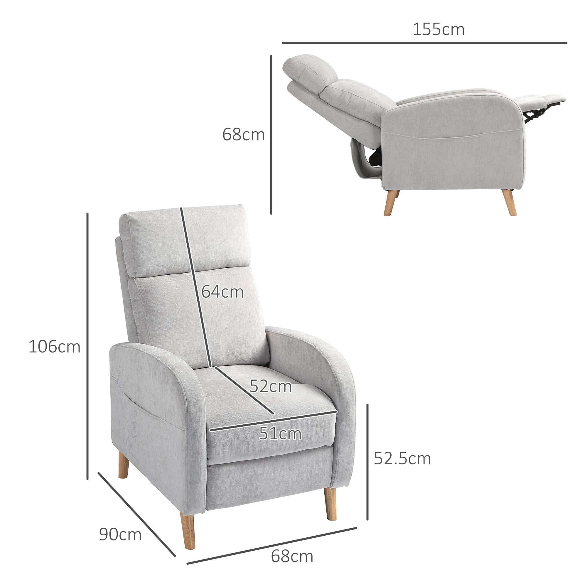 Reclining Armchair 150° max with Footrest, in Linen Effect Fabric, 68x90x106 cm, Light Gray