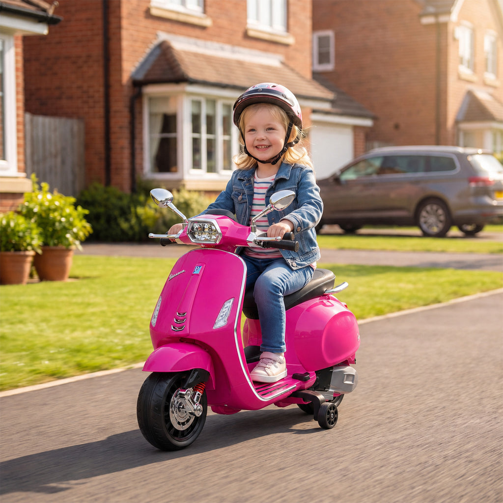 AIYAPLAY Licensed Children's Electric Motorcycle Vespa with Training Wheels, Headlight and Music, Made of PP and Metal, 107x47x73 cm, Pink