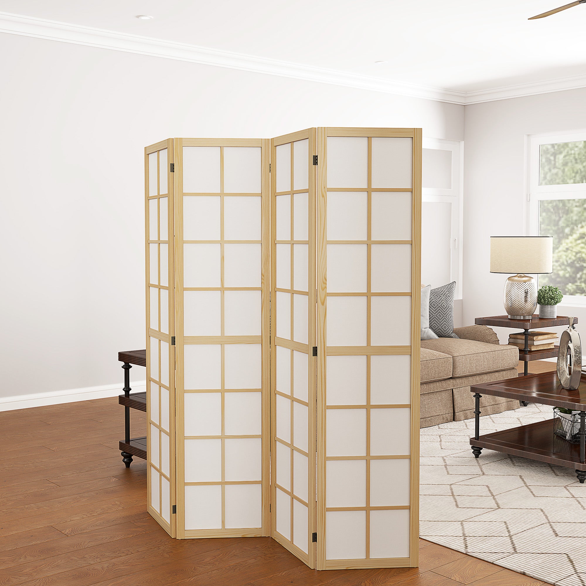 4-Panel Folding Room Divider in Wood and Fabric, 160x170 cm, Wood and White Color