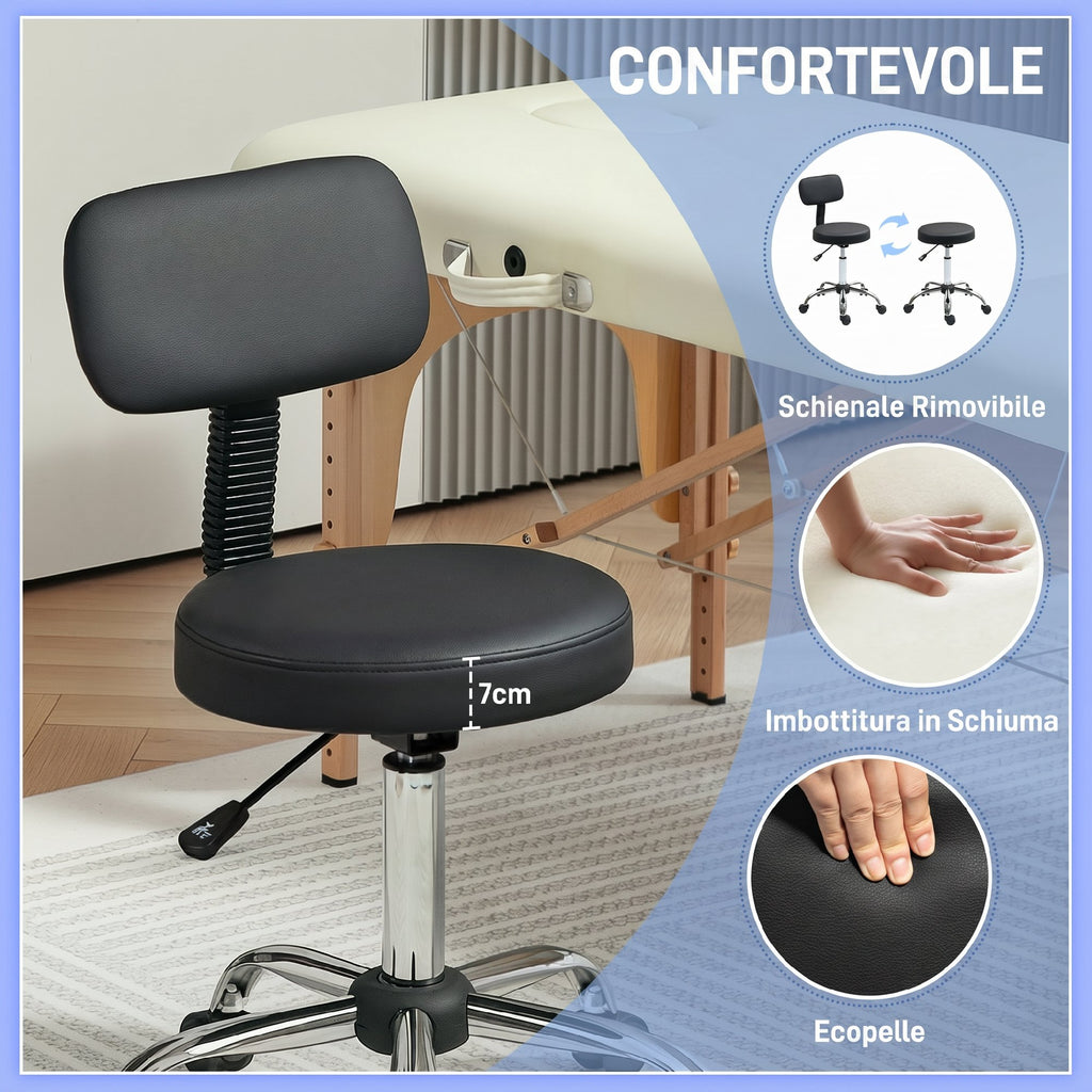HOMCOM Adjustable Swivel Stool with Padded Backrest and Seat, 120 kg Capacity, 46 x 51 x 78-93 cm, Black