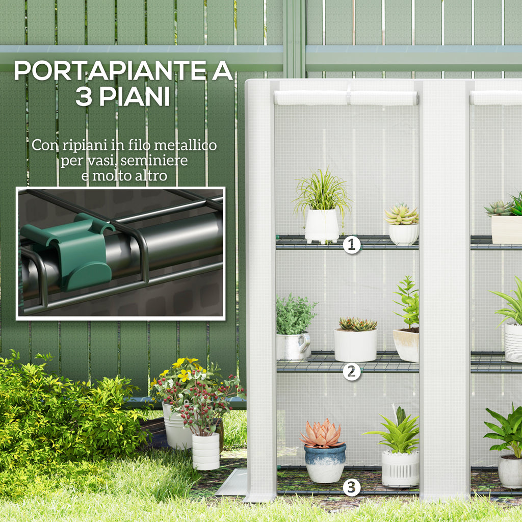 Outsunny Garden Greenhouse with 2 Roll-Up Doors, 3-Tier Shelving and Side Pockets, White and Gray