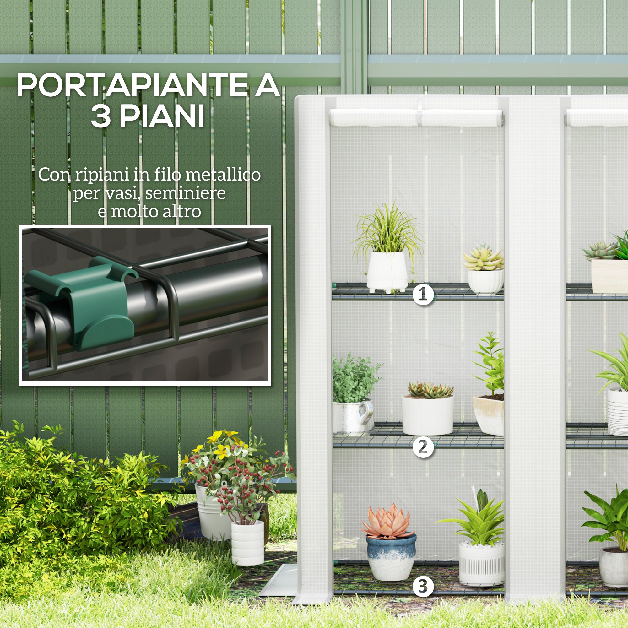 Outsunny Garden Greenhouse with 2 Roll-Up Doors, 3-Tier Shelving and Side Pockets, White and Gray