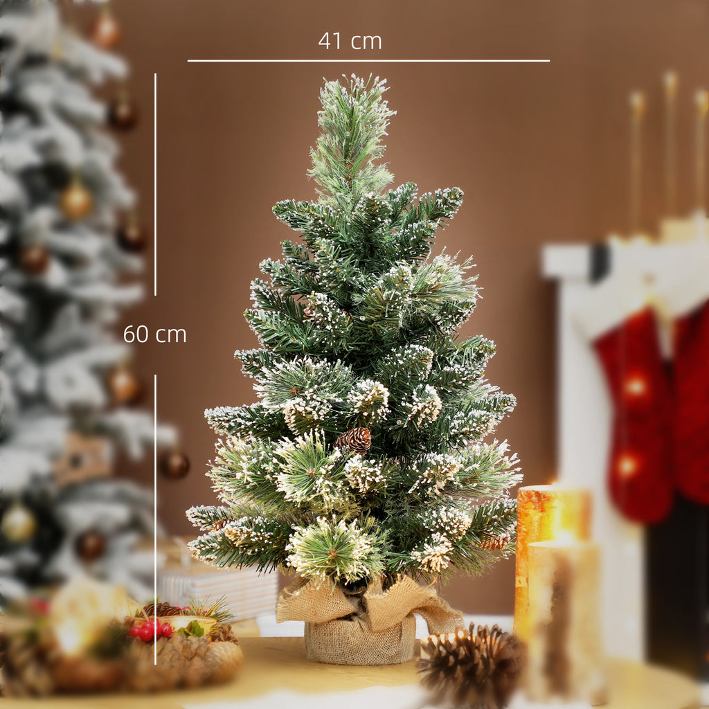 60cm Tall Small Christmas Tree with 35 White LED Lights, 64 Fireproof Branches with Pine Cones, Green