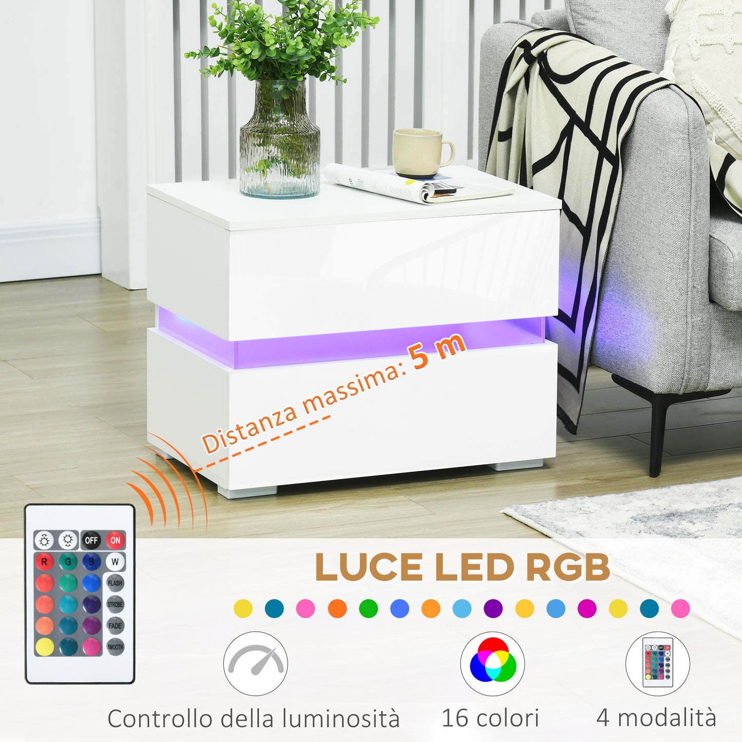 Bedside Table with Built-in RGB LED Light with 2 Drawers, 4 Light Modes and 16 Colors, Chipboard, 60x39x47cm, White