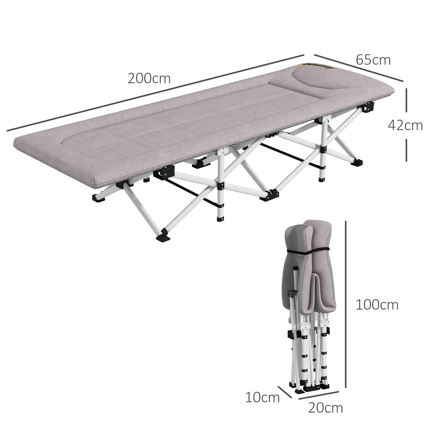 Outsunny Camping Bed with Headrest and Pocket, in Steel and Oxford Fabric, 200x65x42 cm, Gray - Borgè