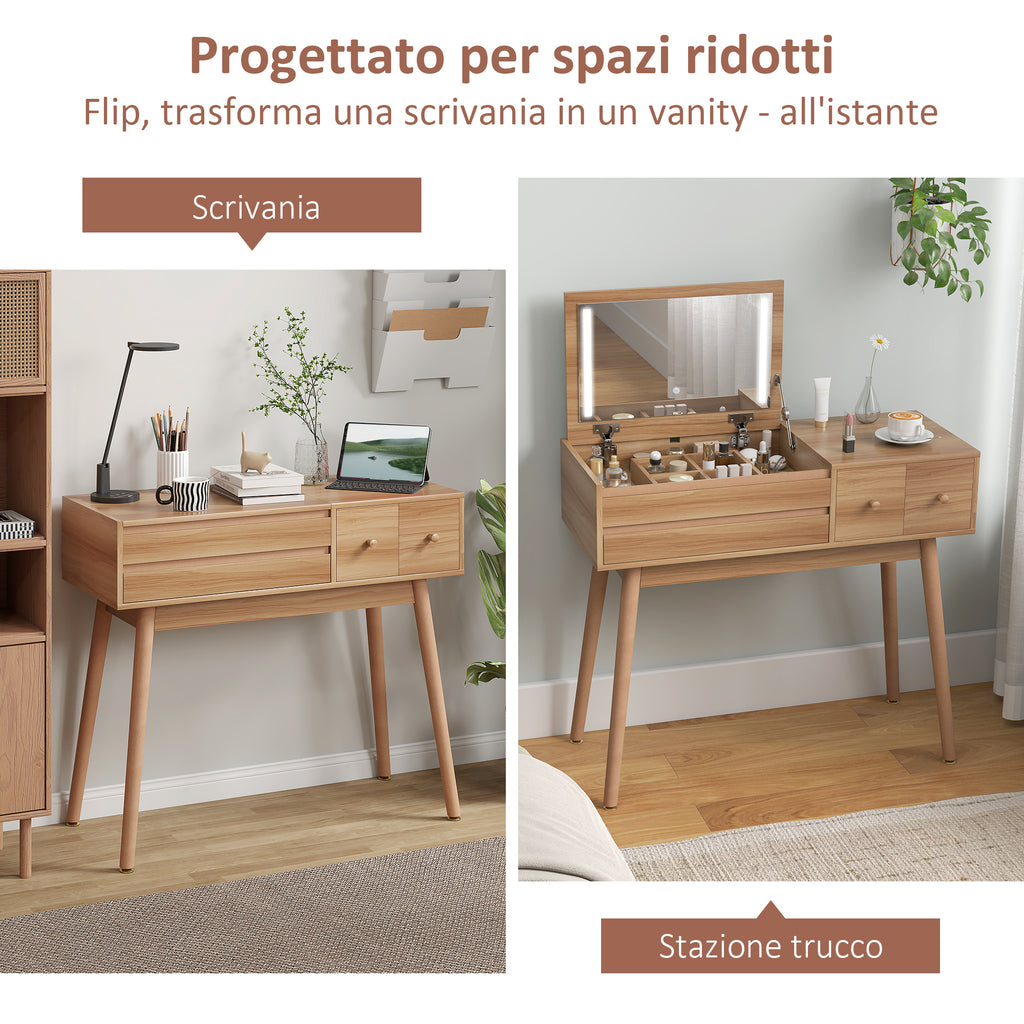 Wooden Dressing Table with LED Mirror and Storage, 100x40x87 cm