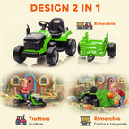 Electric Tractor for Children with Detachable Trailer and Remote Control, Made of Plastic and Metal, 139x58x55 cm, Green