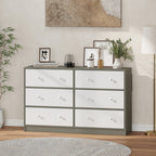 6-Drawer Folding Chest with Double Handles, Made of Wood, Steel and Fabric, 114x30x70 cm, White and Grey