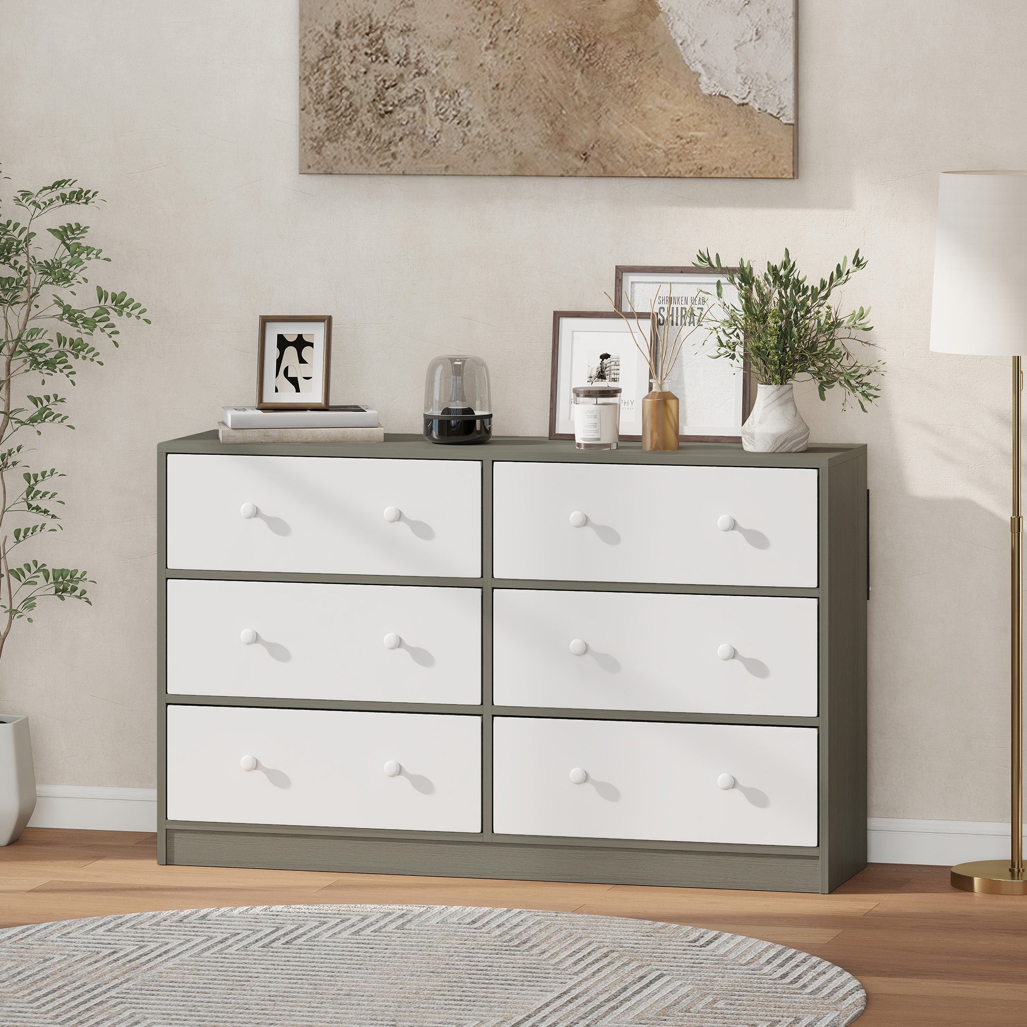 6-Drawer Folding Chest with Double Handles, Made of Wood, Steel and Fabric, 114x30x70 cm, White and Grey