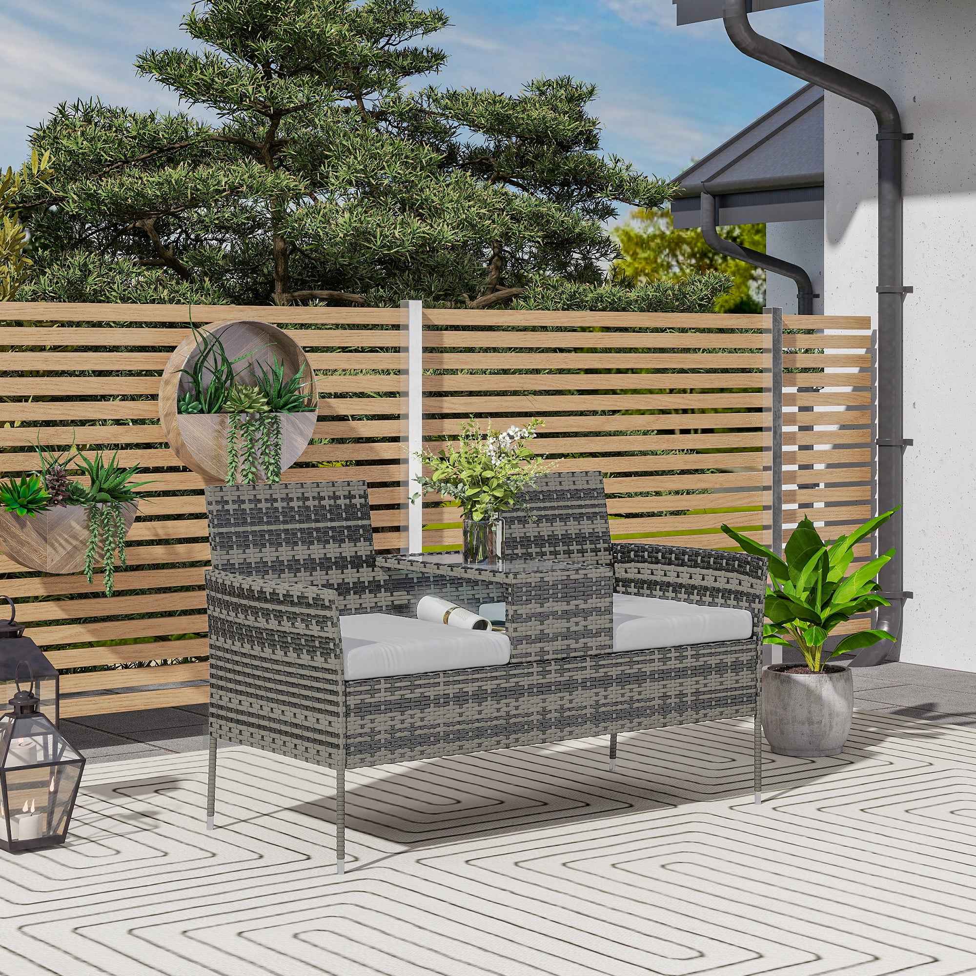 Outsunny 2-Seater Outdoor Bench with Coffee Table, Steel and PE Rattan, 137x59x82 cm, Grey