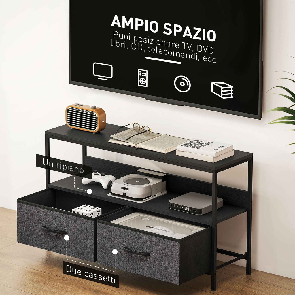 HOMCOM 47" TV Stand with Folding Fabric Drawers and Metal and MDF Shelf, 98x29x56 cm, Black