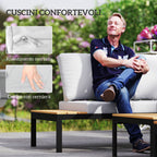 4 Piece Garden Set with 2 2 Seater Sofas and 2 Coffee Tables in Metal and Composite Wood, Grey Black and Teak