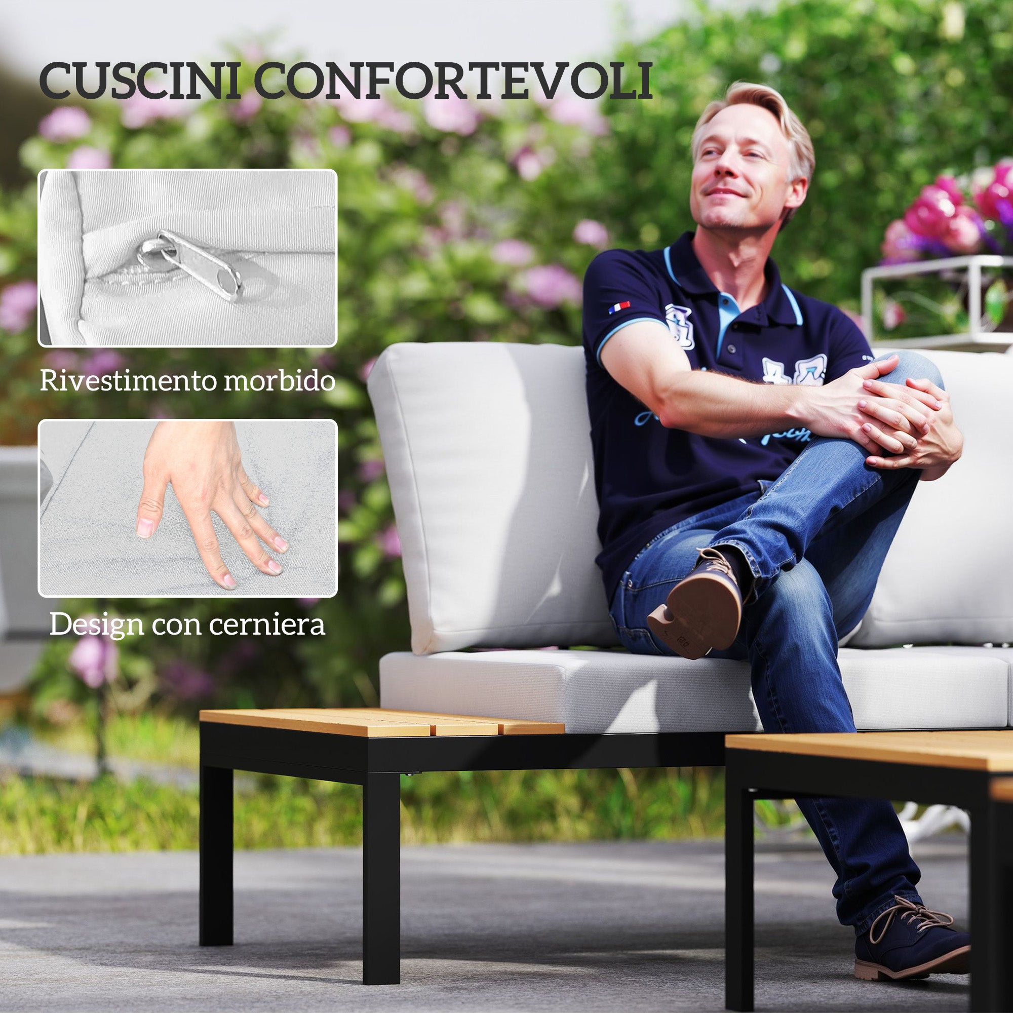 4 Piece Garden Set with 2 2 Seater Sofas and 2 Coffee Tables in Metal and Composite Wood, Grey Black and Teak