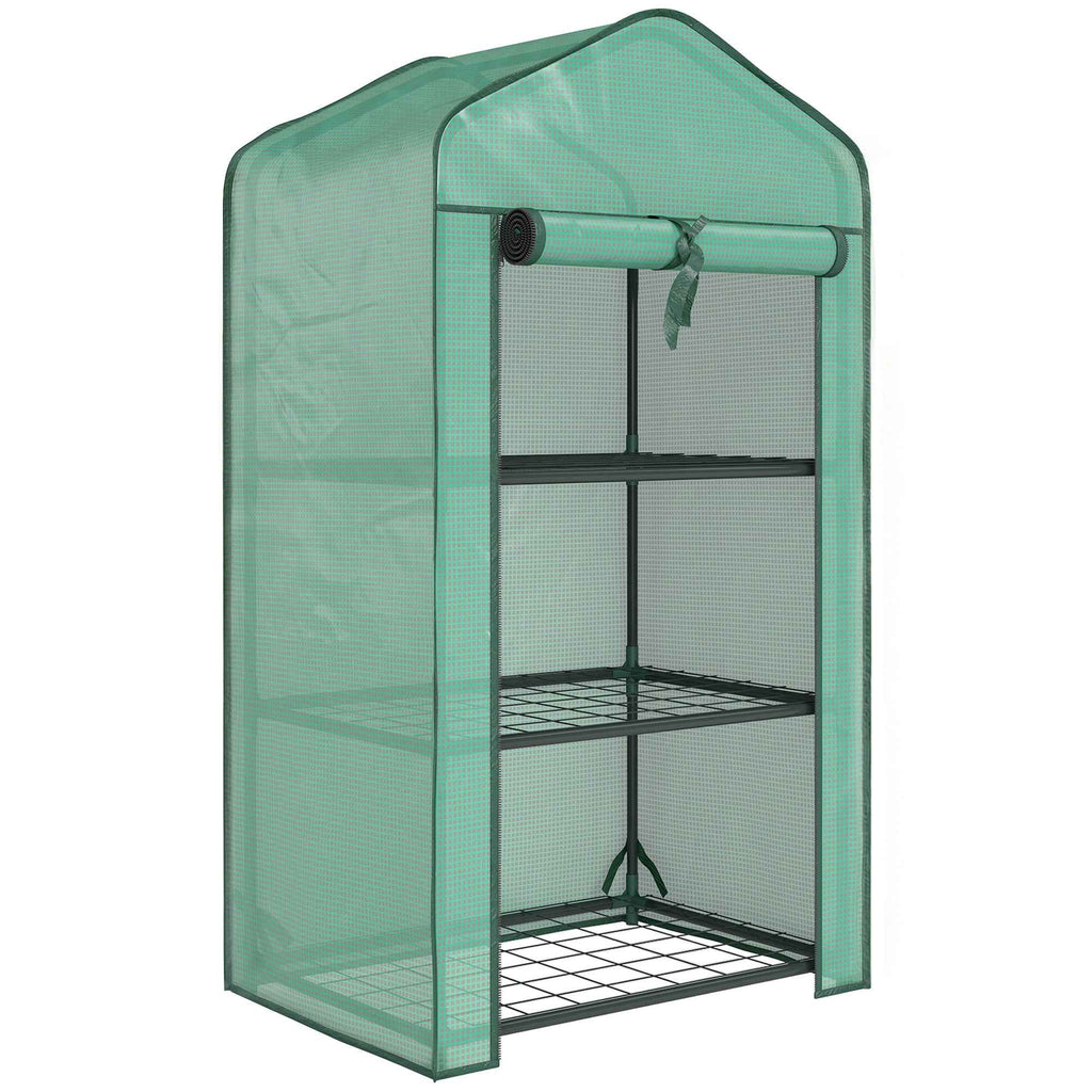 Outsunny Mini Garden Greenhouse with PE Cover, 3 Shelves and Roll-Up Door, 59x39x127cm, Green