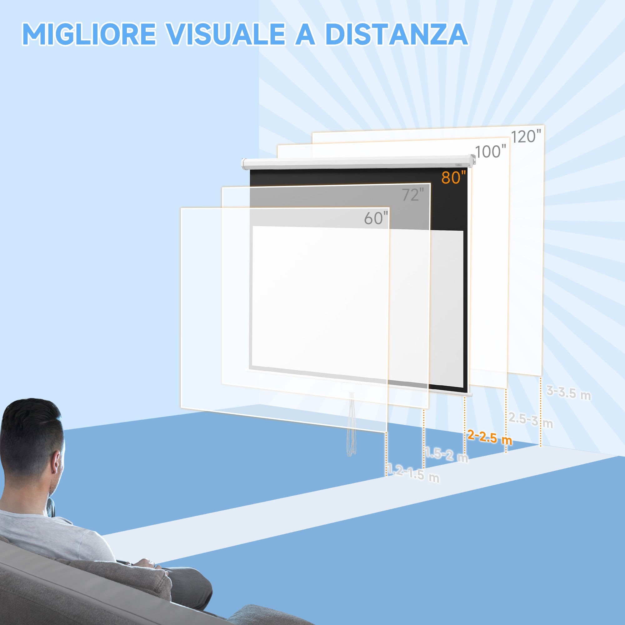 80" 16:9 Projector Screen with Adjustment Cord, Plastic and Metal, 187x8x150 cm, White