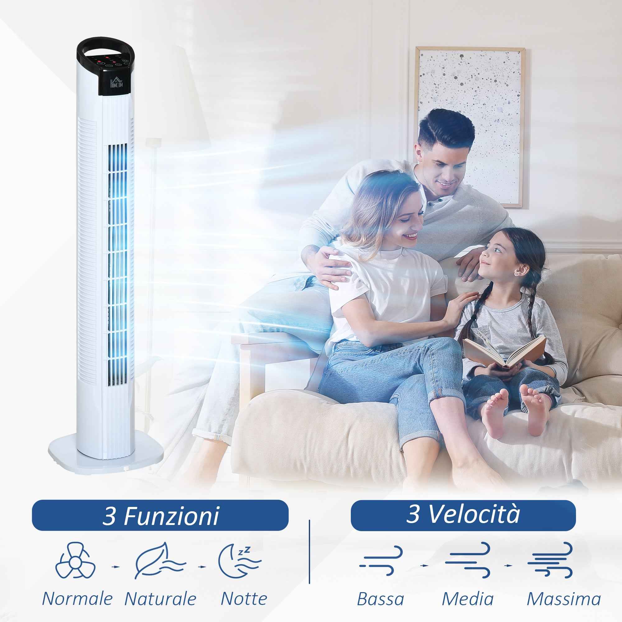 HOMCOM Tower Fan with 5m Remote Control, 70° Oscillation, 3 Functions and 3 Speeds, Black