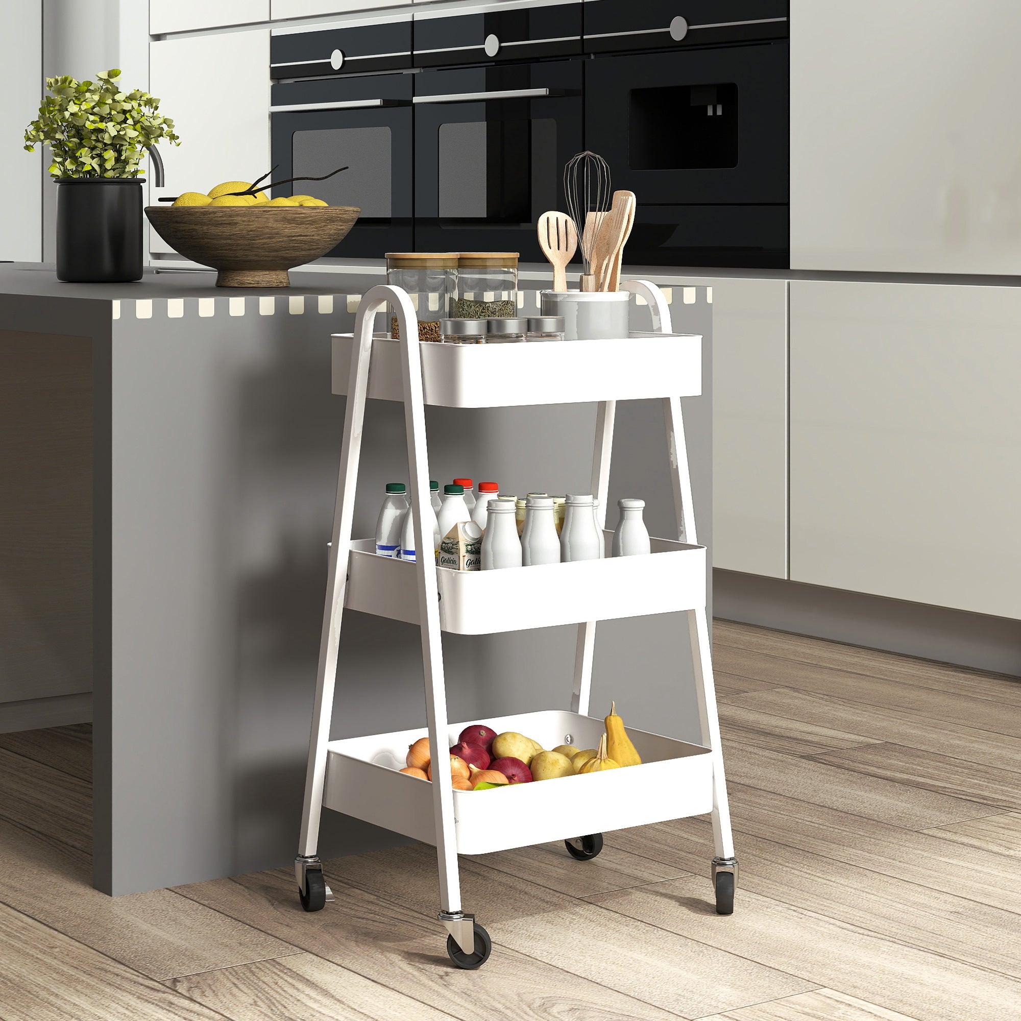 Multipurpose 3-Tier Kitchen Trolley, Swivel Wheels with Brake and Handles, White