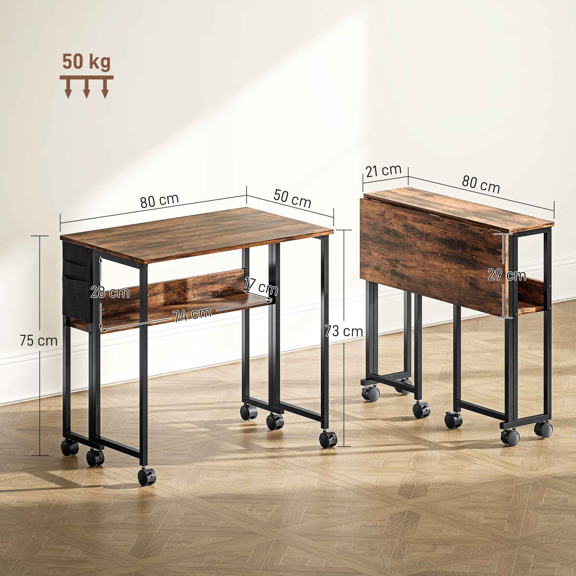 HOMCOM Folding Desk on Wheels 80 x 50 cm with Shelf and Storage Bag, Rustic Brown