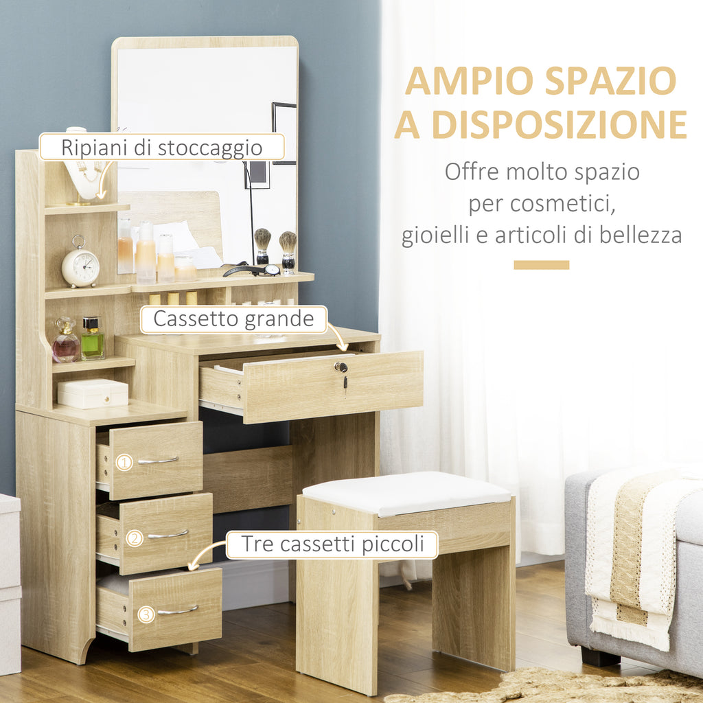 Dressing Table with Mirror, Dressing Table, Stool, 4 Drawers and 4 Shelves, Wood Color