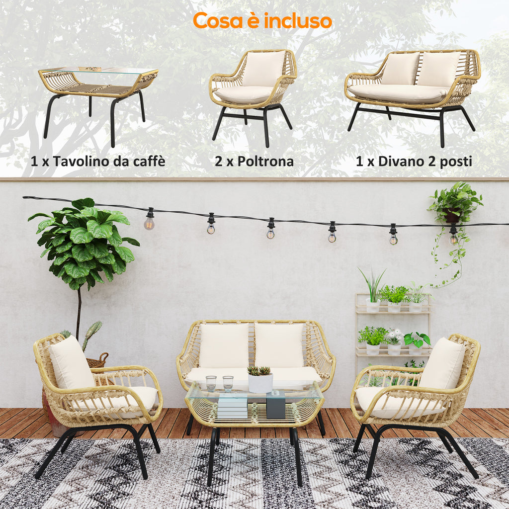 4-piece garden set in PE rattan and metal with sofa, 2 chairs and coffee table, Beige