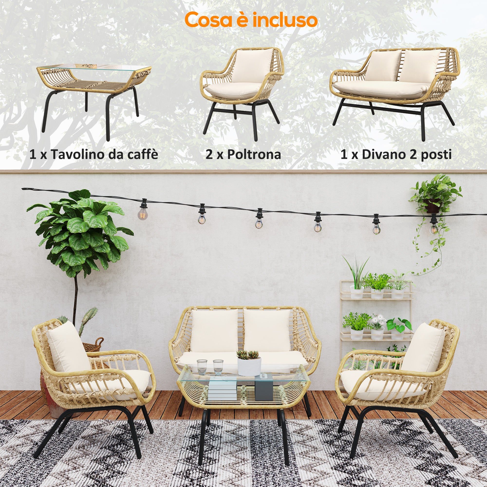 4-piece garden set in PE rattan and metal with sofa, 2 chairs and coffee table, Beige