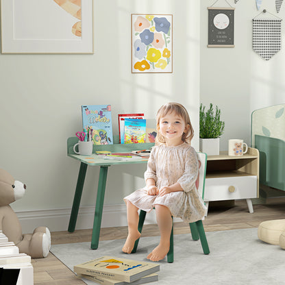 Children's Chair and Table Set with Storage Shelf, in MDF and Pine Wood, Green