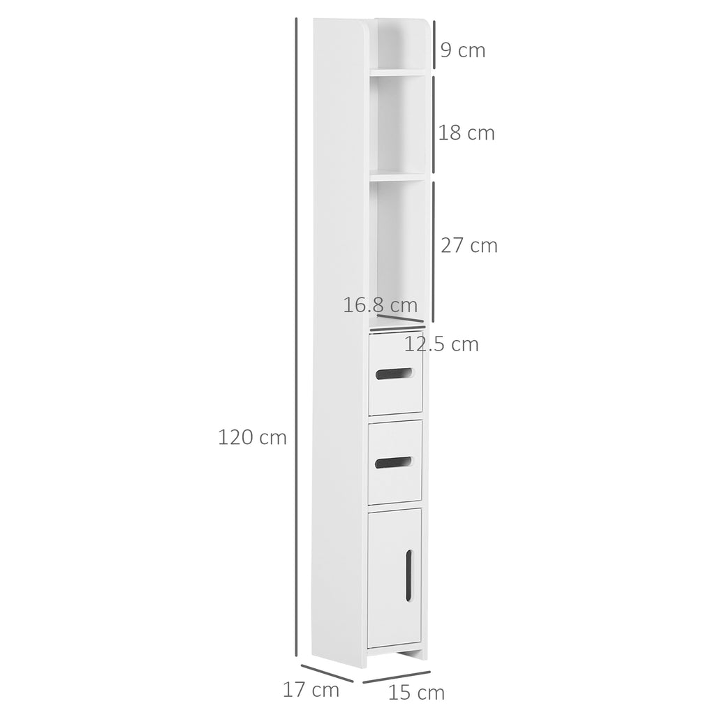 kleankin Bathroom Column with Shelves and Cabinets, Space-Saving Tall Wooden Cabinet 15x17x120cm, White