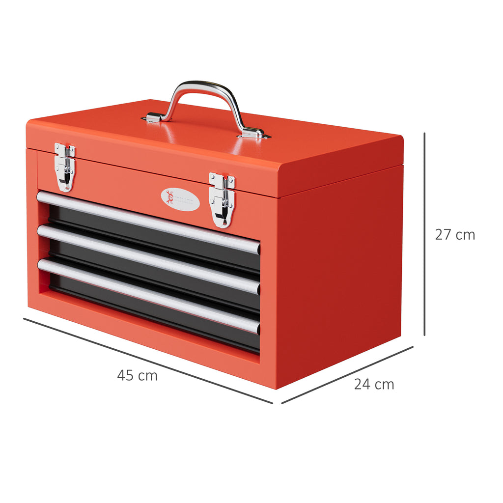 Tool Box with 3 Drawers and Upper Compartment in Steel with Handle, 45x24x27cm, Red