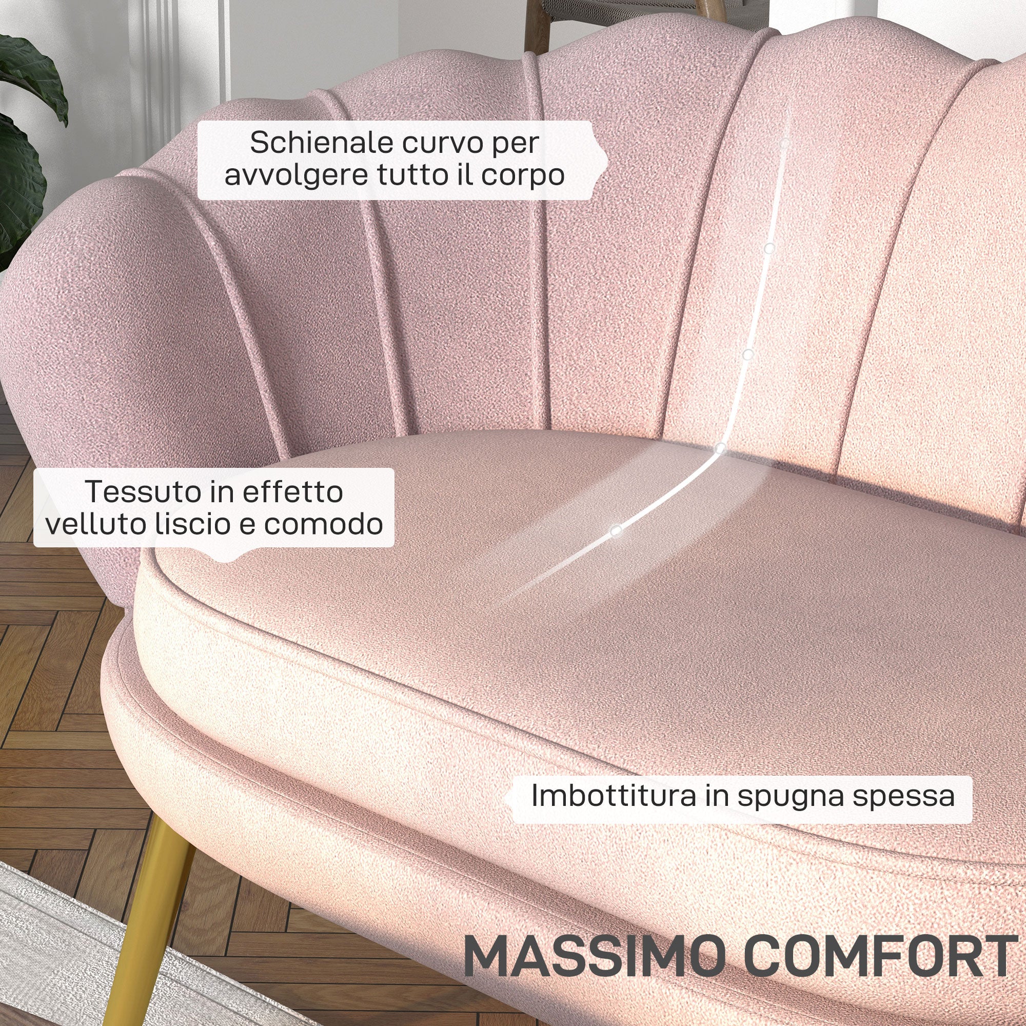 2 Seater Sofa in Industrial Chic Style in Velvet Effect Fabric and Metal, 130x77x77 cm, Pink