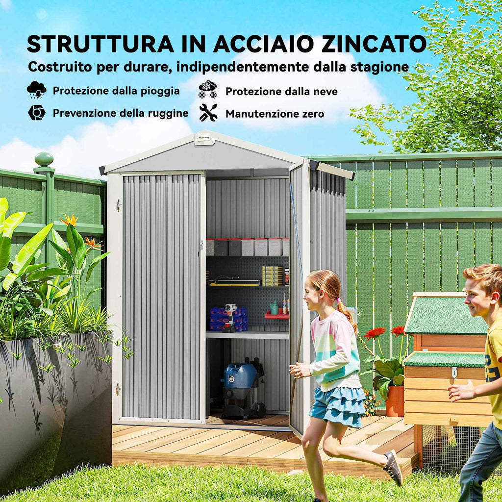 Outsunny 1.1m² Steel Garden Shed with Lockable Double Doors, 133x87x178cm, Silver Grey