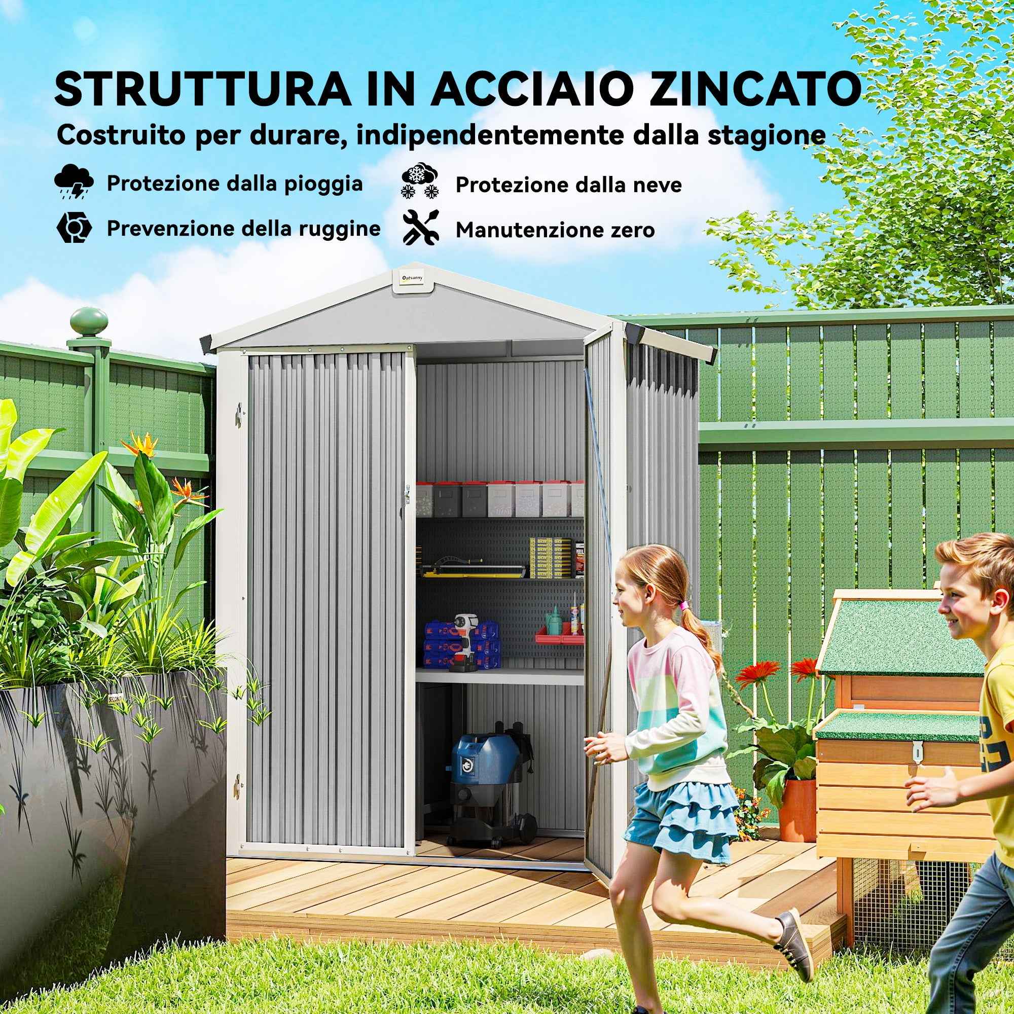 Outsunny 1.1m² Steel Garden Shed with Lockable Double Doors, 133x87x178cm, Silver Grey