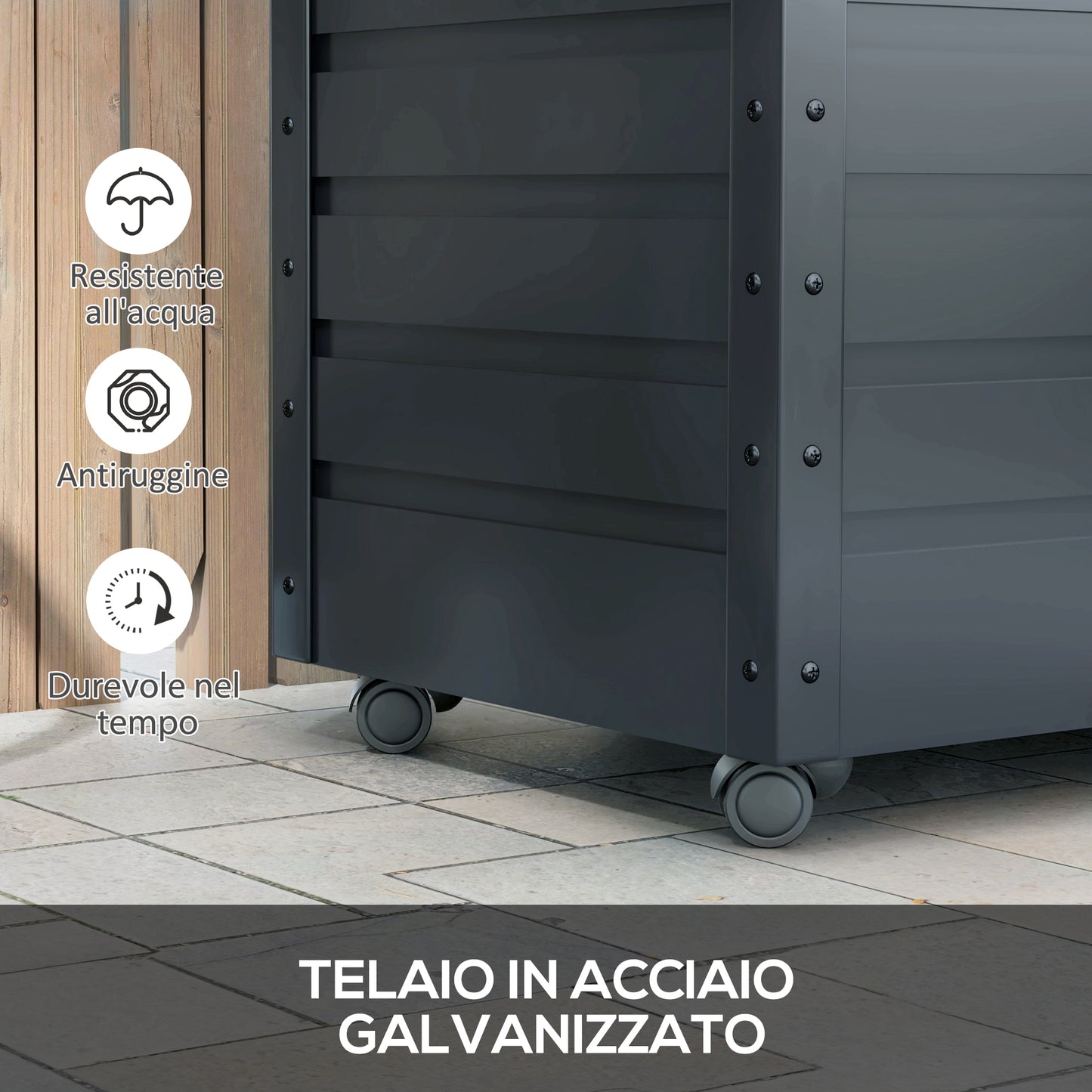 Outdoor Trunk 295L with Lock and 2 Handles, in Galvanized Steel, 120x62x66 cm, Dark Gray