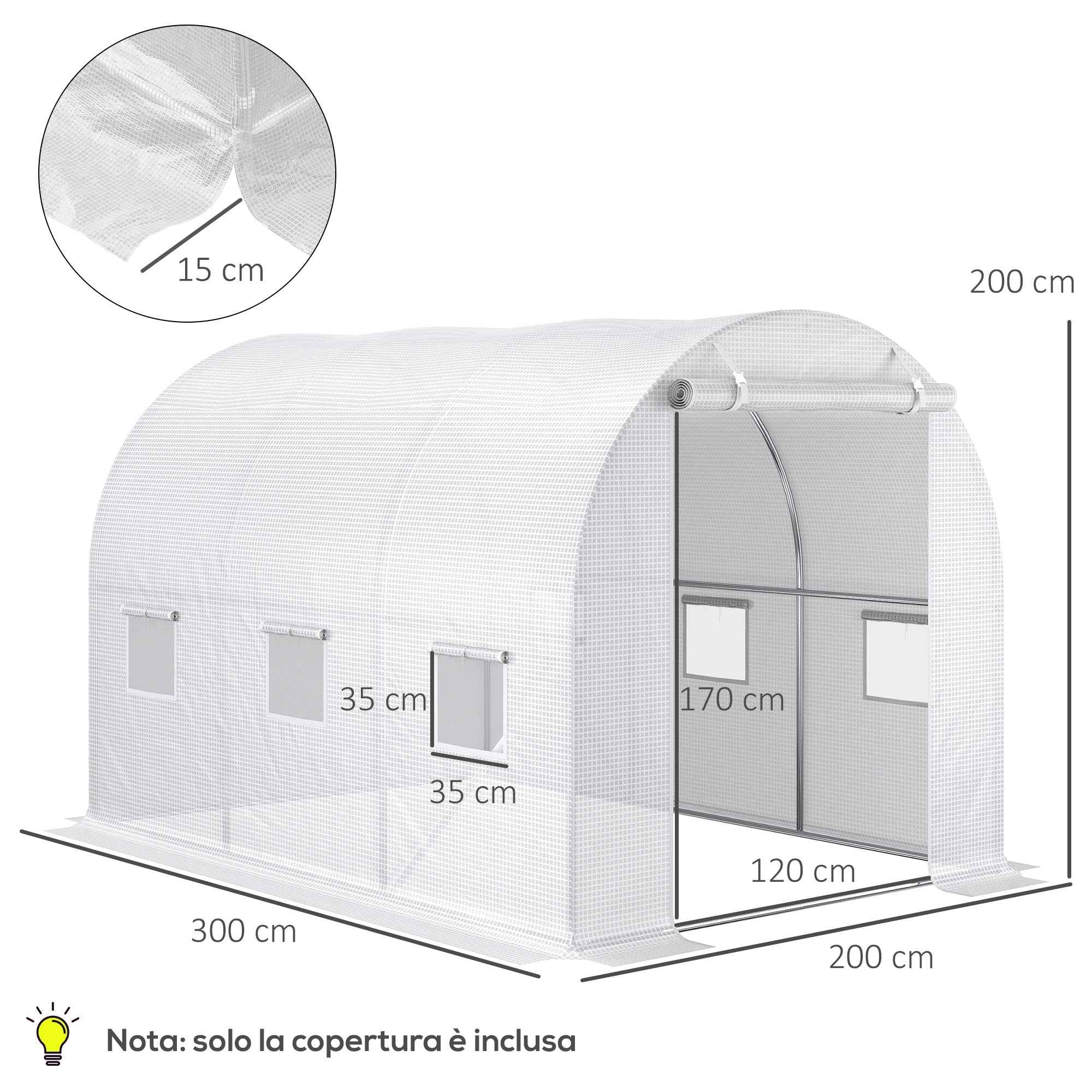 Outsunny PE Greenhouse Cover with 6 Windows, Roll-Up Door and Buried Edges, 3x2x2 m, White