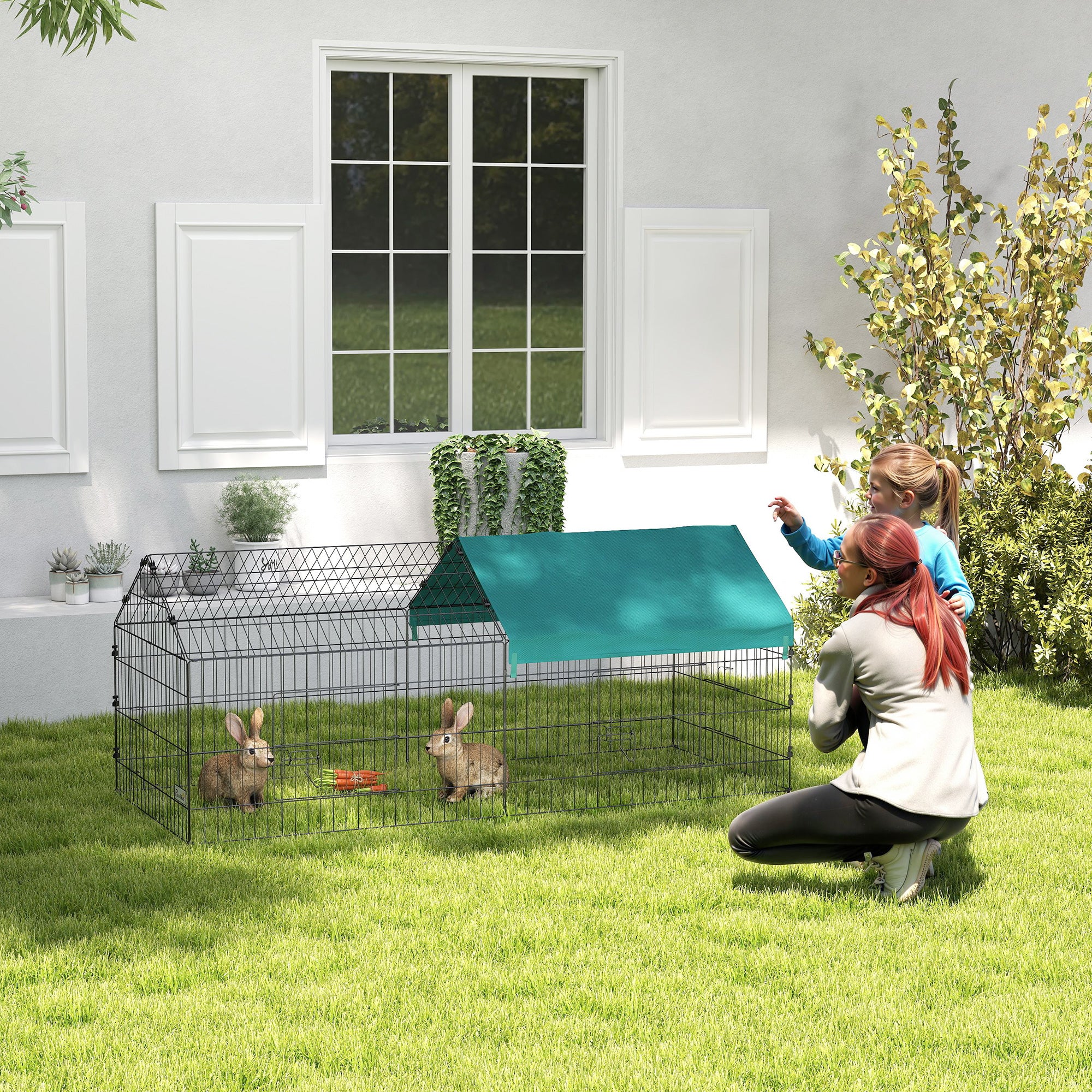 PawHut Outdoor and Indoor Rabbit Cage with Roof, 185x75x75 cm, Green