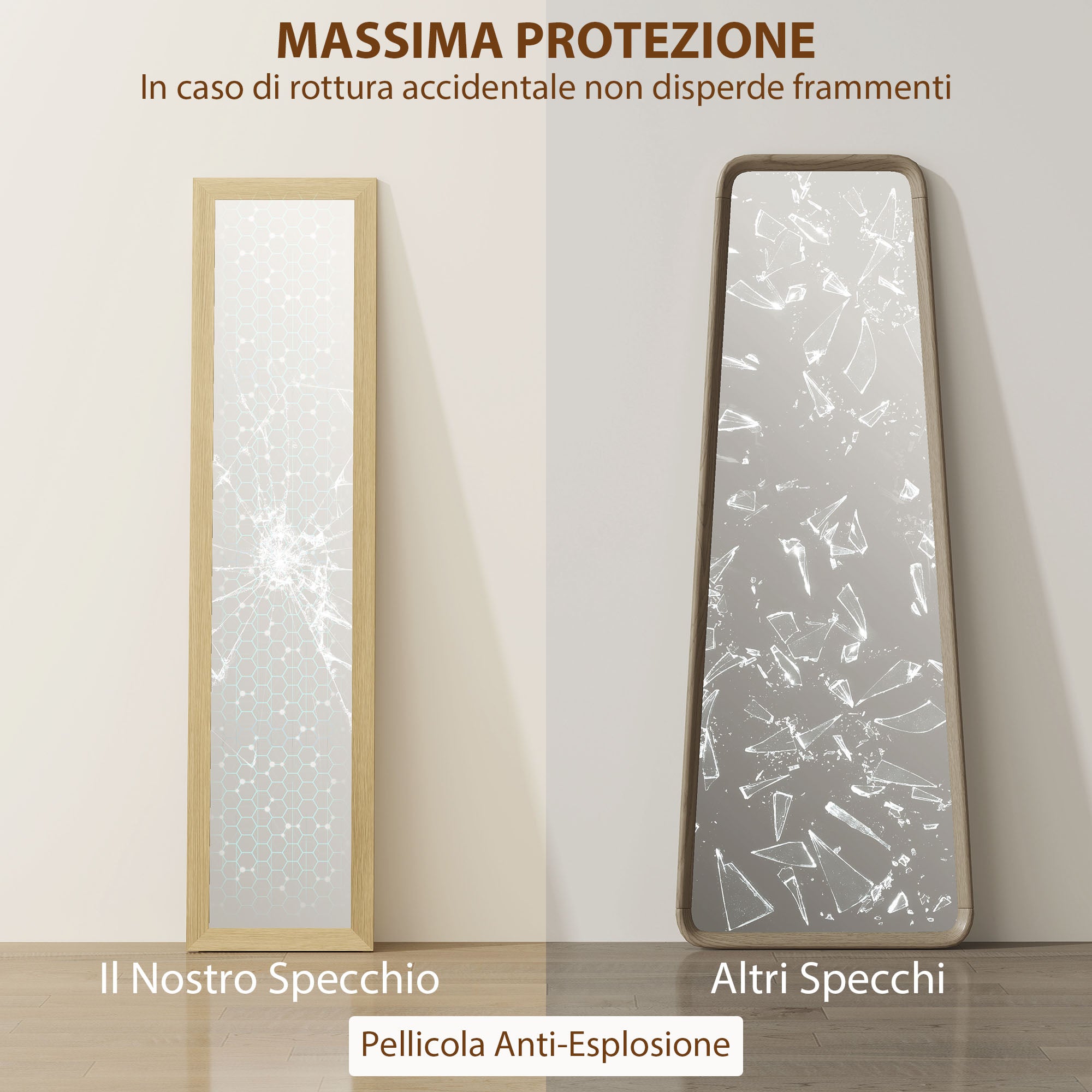 HOMCOM Vertical Wall or Floor Mirror with MDF Frame, 37x40x155 cm, Oak and Transparent