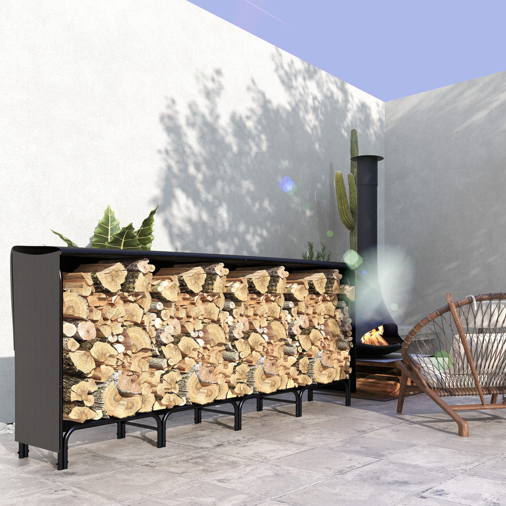 Indoor and Outdoor Metal Firewood Rack with Firewood Holder and Cover, 240x36x99cm, Black