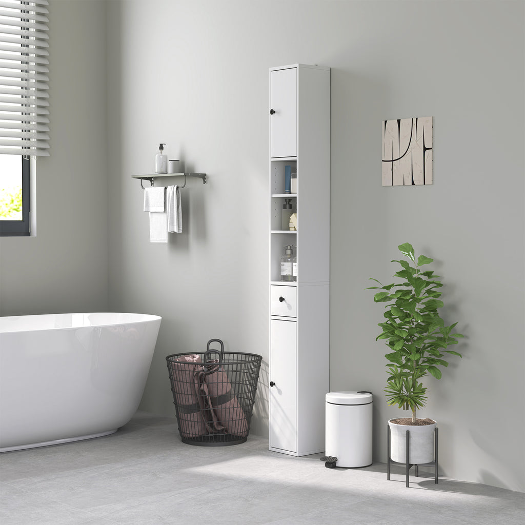 Space-Saving Bathroom Column with 2 Cabinets, 3 Open Shelves and Drawer, in Wood, 20x20x178 cm, White